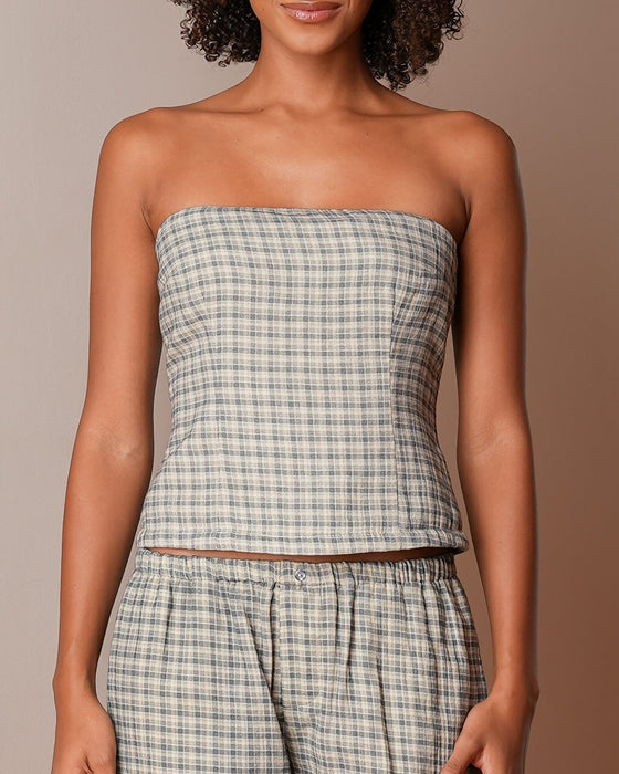 Gauze Corset Top - Faded Blue Check