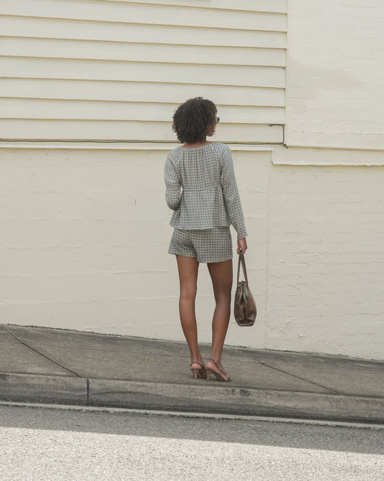 Gauze Long Sleeve Blouse - Faded Blue Check